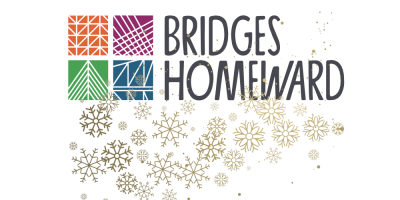 Bridges Homeward text next to logo (four colored squares with line patterns). Gold and silver snowflakes fall from the logo and text.